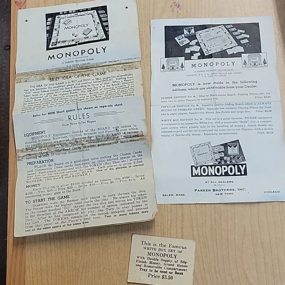 Vintage‎ Parker Brothers 1936 Monopoly editions (1942-1946) wartime alternative